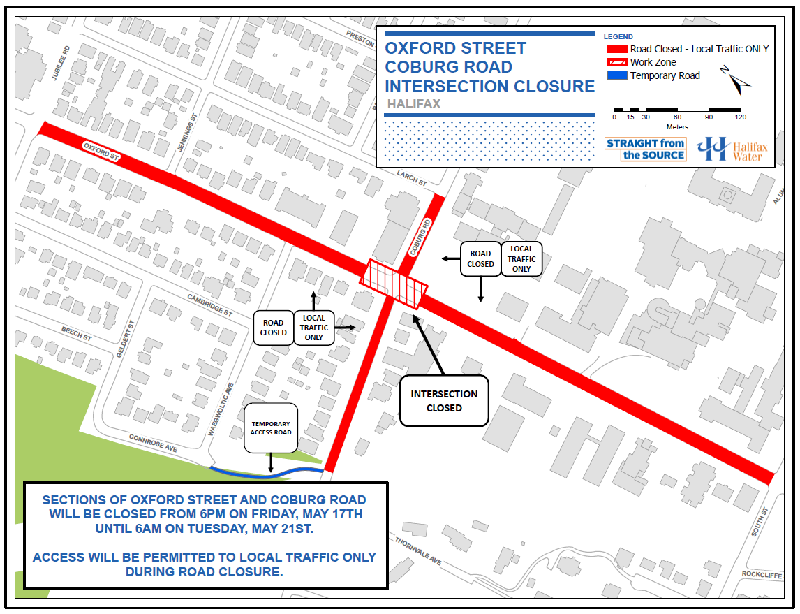 work zone map for Oxford and Coburg street closuer
