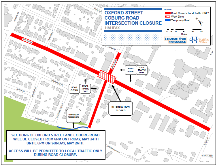 work zone map of water main work at the Intersection of Oxford Street and Coburg Road