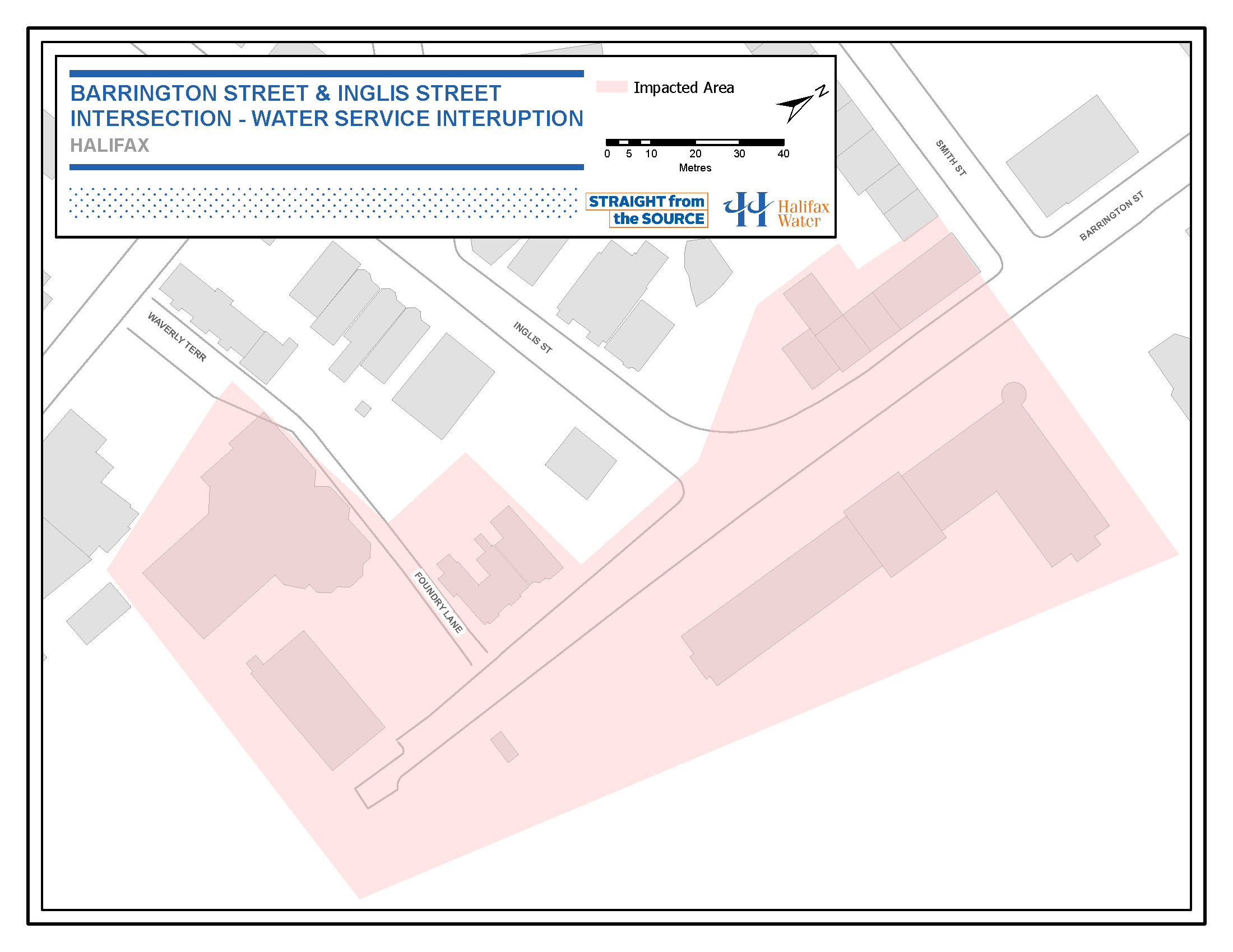 PSA Map - Water Service & Traffic Advisory – Barrington Street & Inglis Street