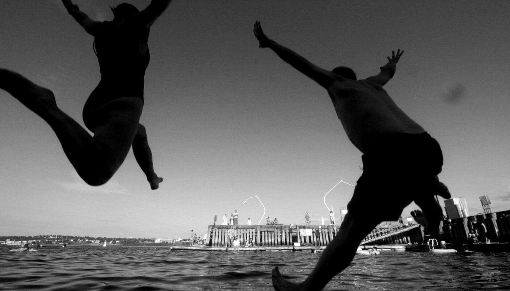 two people jumping into Halifax harbour for a swim